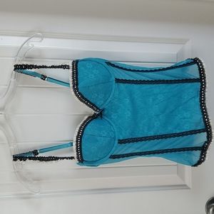 🌿Teal Corset with black lace & ivory lace